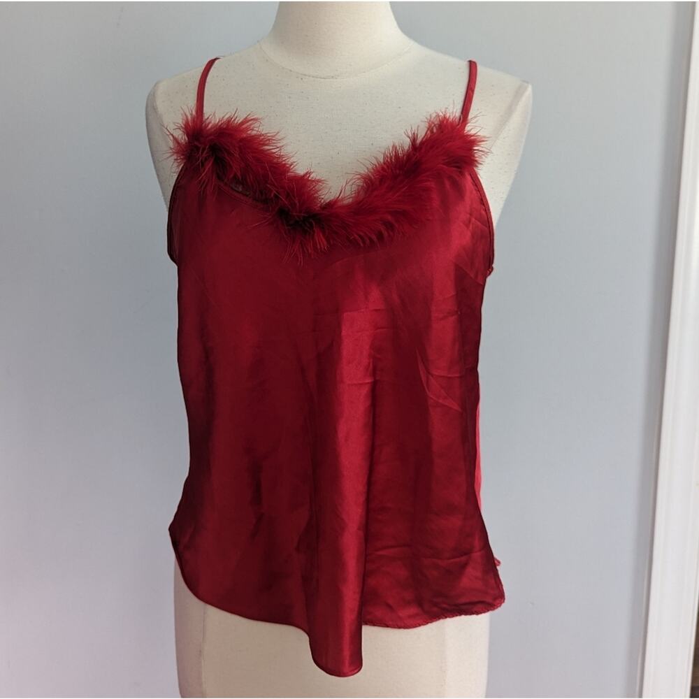 Vintage Women's Kascara Lingere Red Feather Silky Blouse Approx Medium - Large